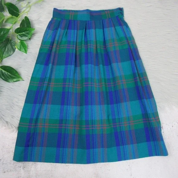 Vintage Miss Pendleton Blue Plaid Pleated Midi Skirt Virgin Wool Women’s XS - Picture 4 of 14